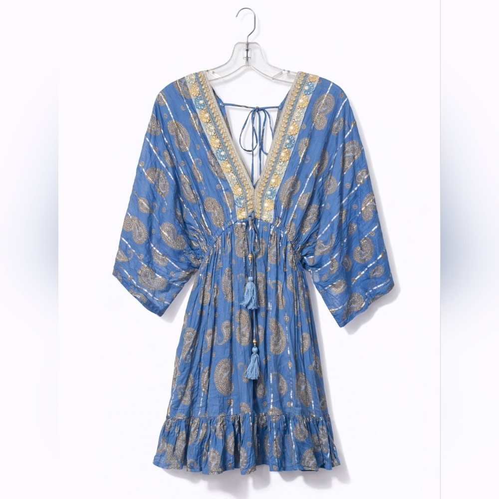 Zury Embroidered Blue & Gold V-Neck Boho Mini Dress – One Size – NWT - Picture 3 of 7